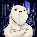 $ROI logo: a brainlet with arms folded, crying, against a neon blue city skyline.