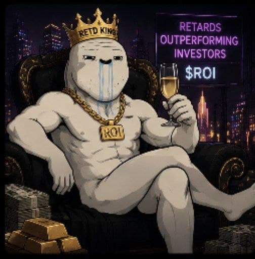 A crowned brainlet reclining on a throne with a ROI gold chain and a glass of champagne, gold bars stacked at their feet, under a neon sign reading RETARDS OUTPERFORMING INVESTORS $ROI.