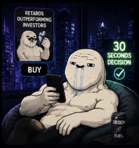 A brainlet sunk into a beanbag holding a phone, a can of DEGEN FUEL beside them, a glowing BUY panel on the left and a neon sign reading 30 SECONDS DECISION on the right.